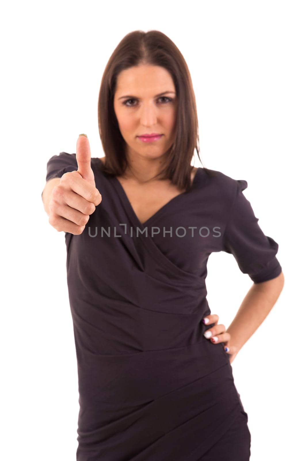 Business woman signaling ok - isolated over white