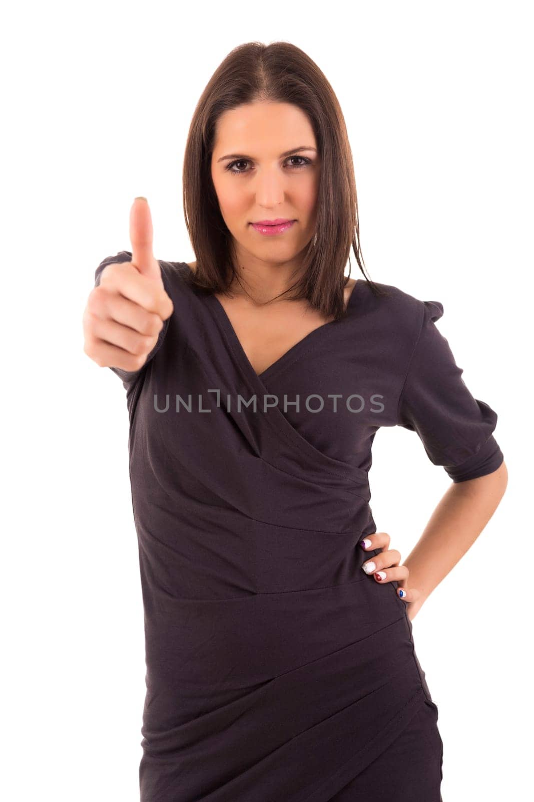 Business woman signaling ok - isolated over white
