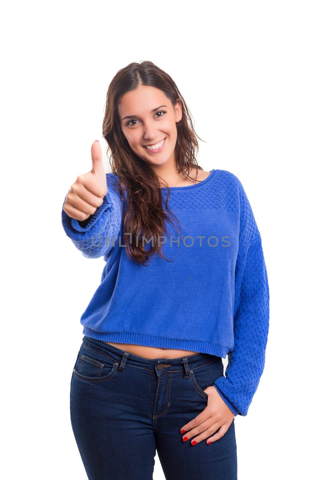 Beautiful young woman signaling ok, isolated over white