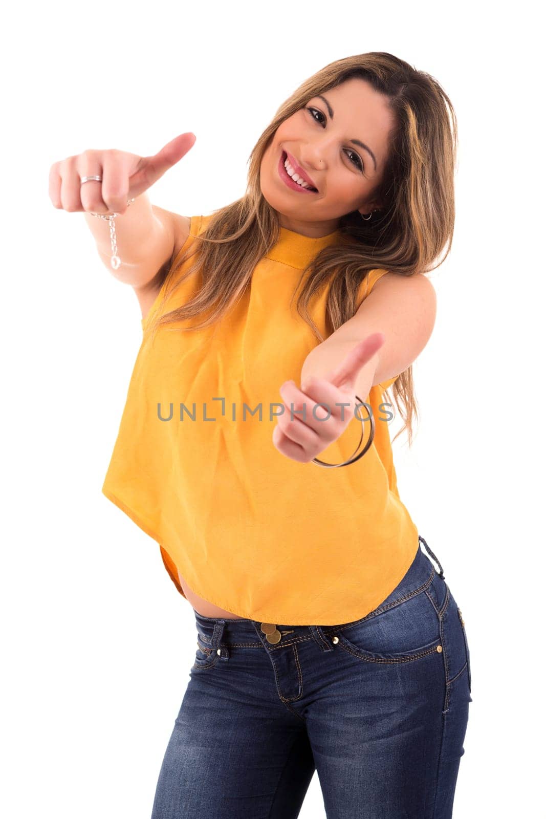 Very beautiful young woman signaling ok, isolated over white