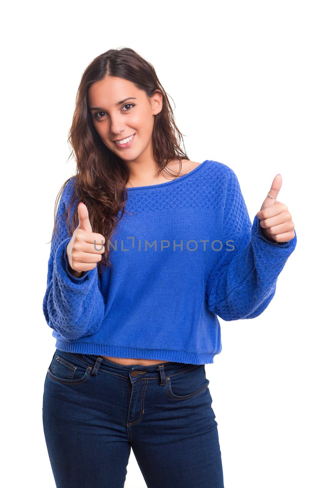 Beautiful young woman signaling ok, isolated over white