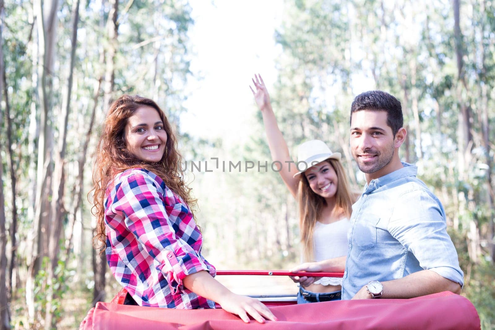 Group of friends on a roadtrip through countryside
