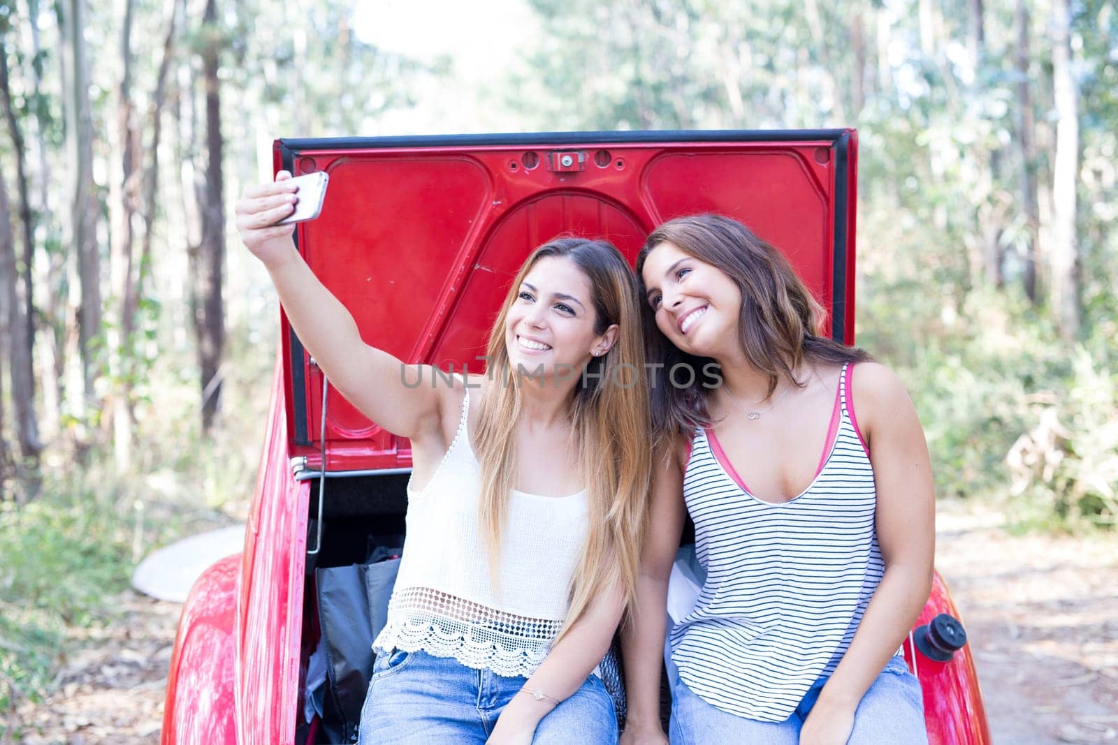 Group of friends on a roadtrip through countryside