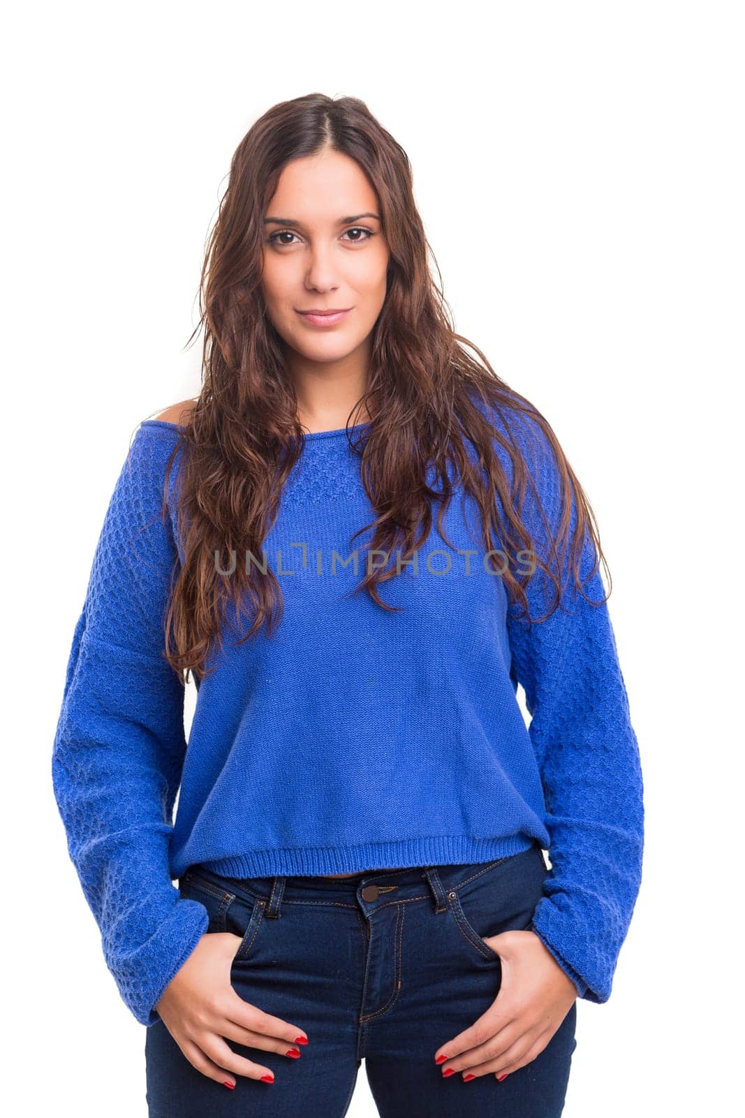 Beautiful young casual woman posing isolated over white