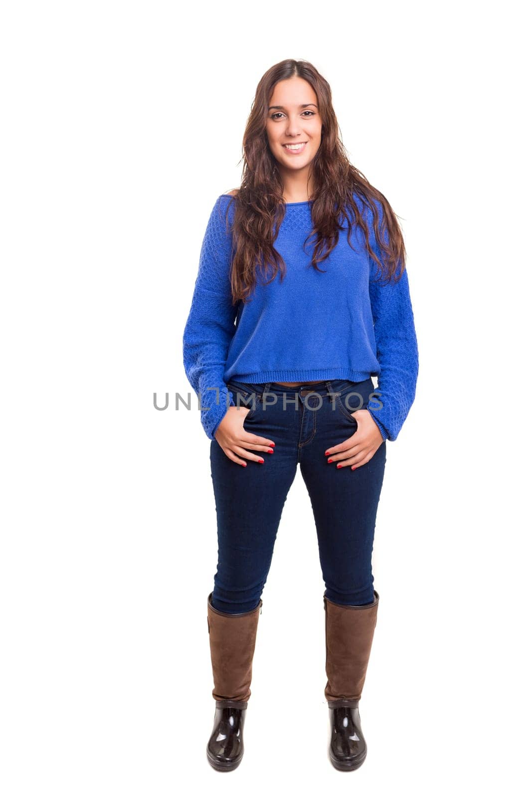 Beautiful young casual woman posing isolated over white
