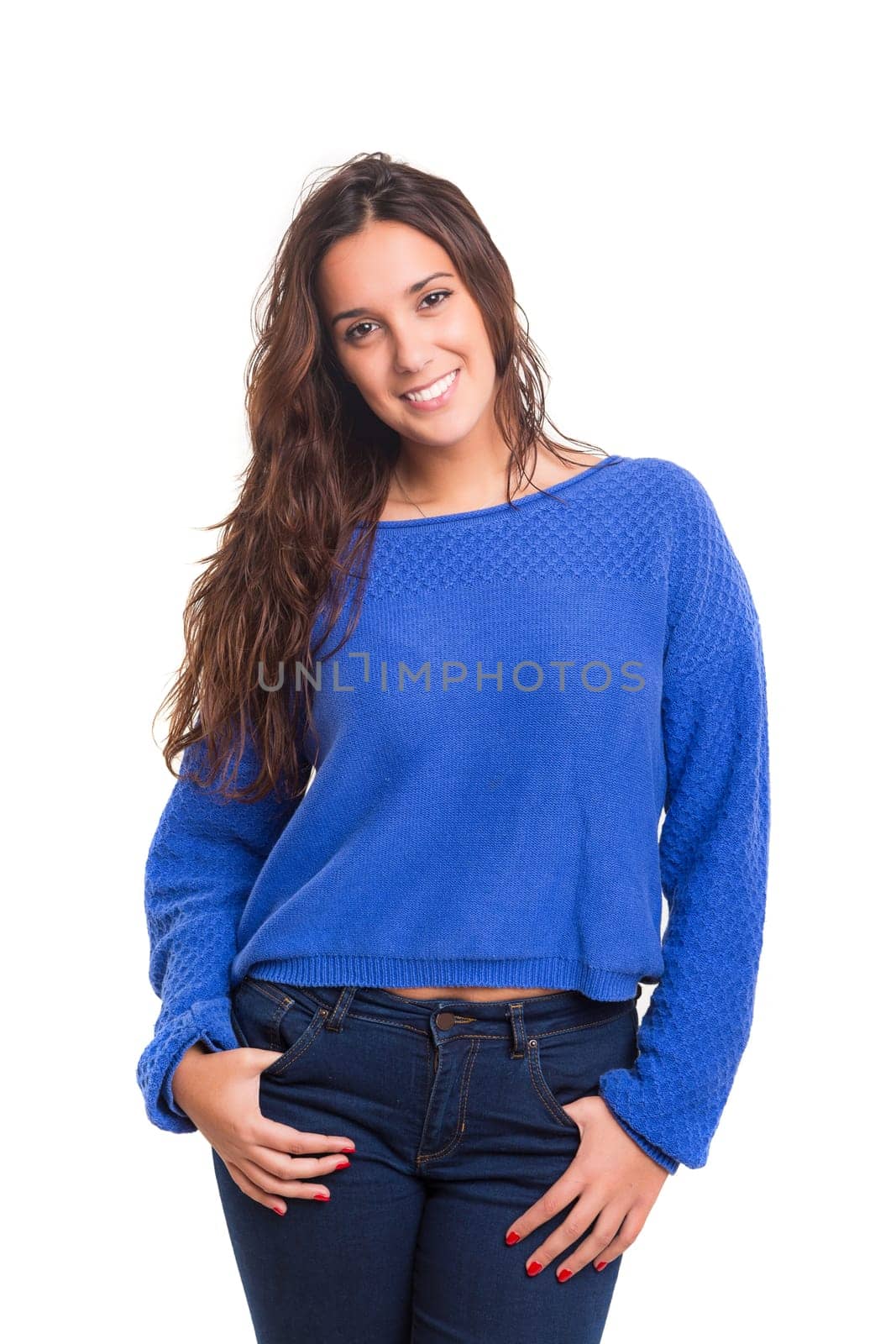 Beautiful young casual woman posing isolated over white