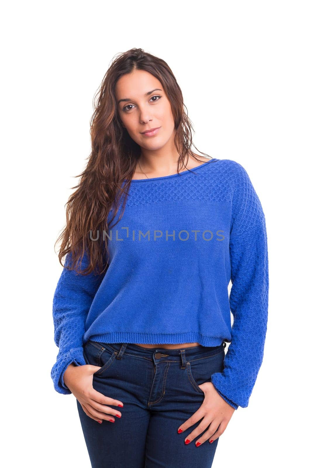 Beautiful young casual woman posing isolated over white
