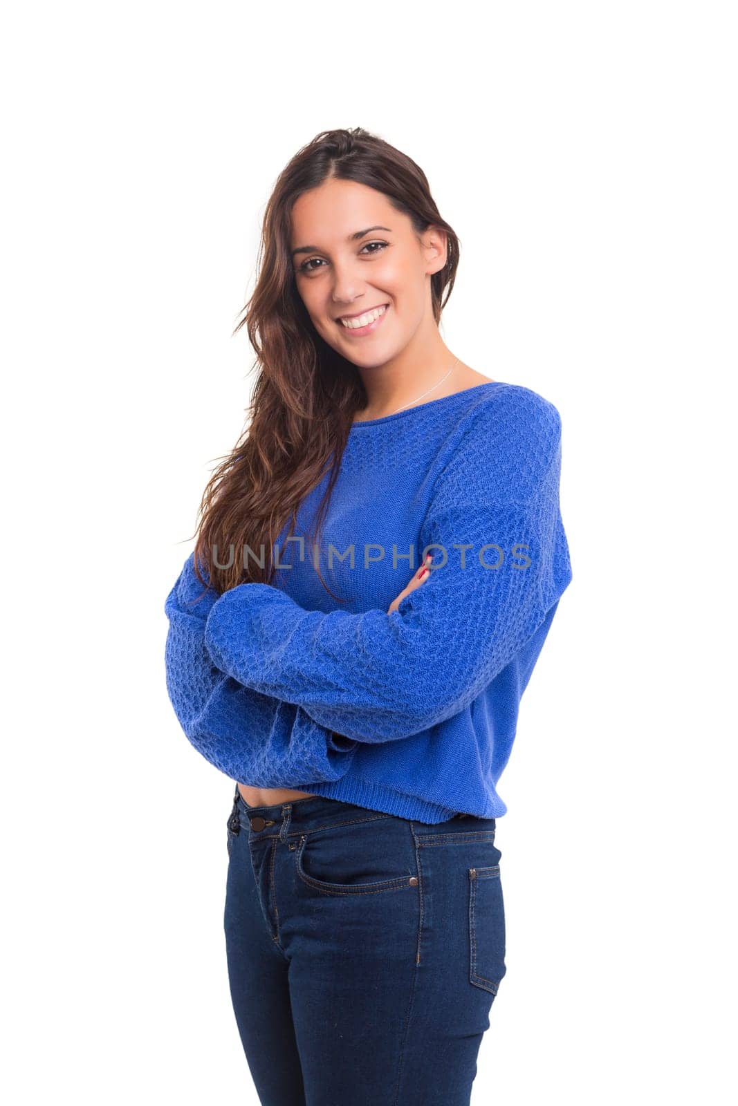 Beautiful young casual woman posing isolated over white