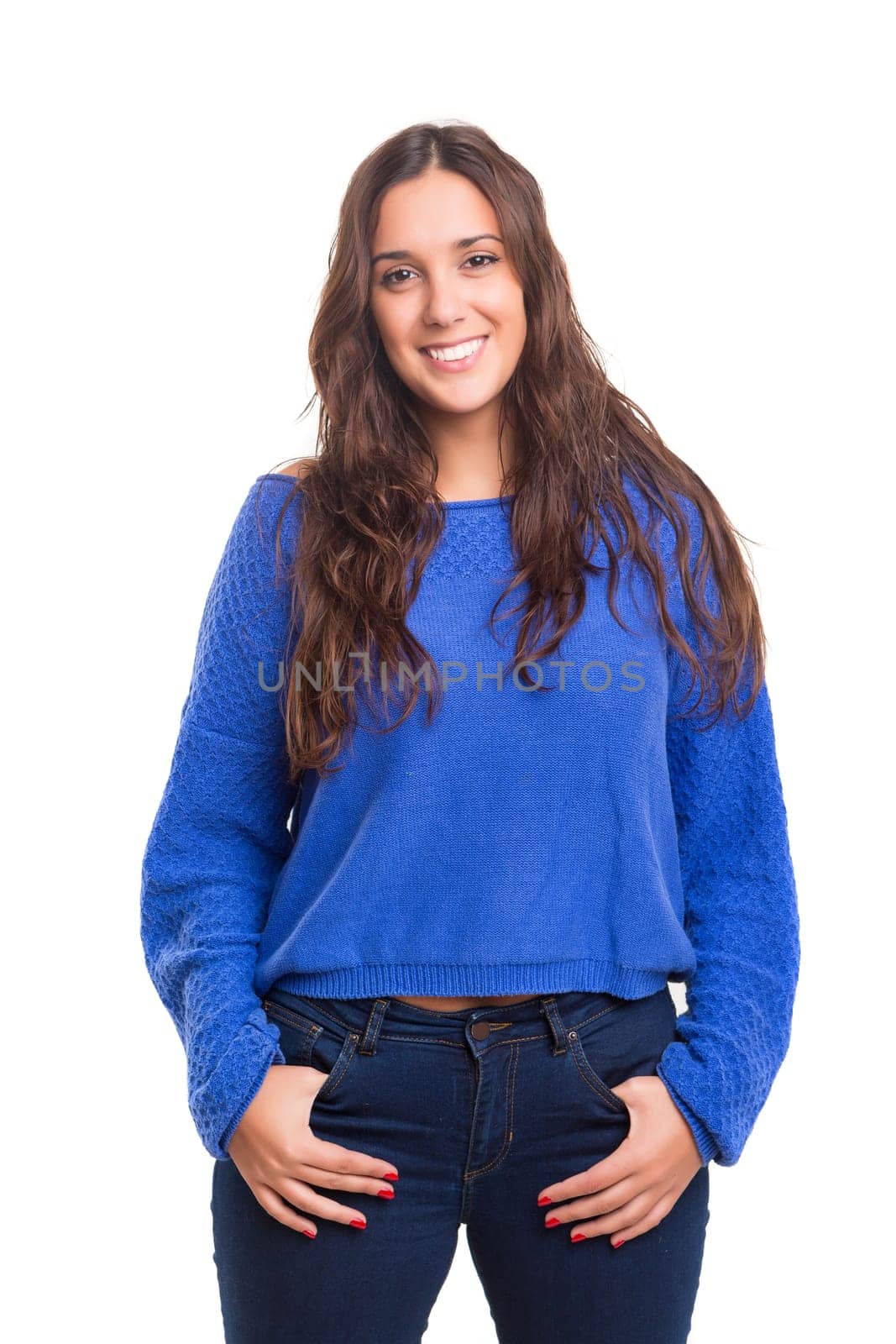 Beautiful young casual woman posing isolated over white