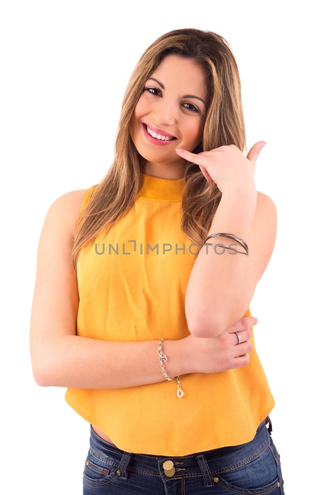 Happy young student making "call me"" sign with hand"