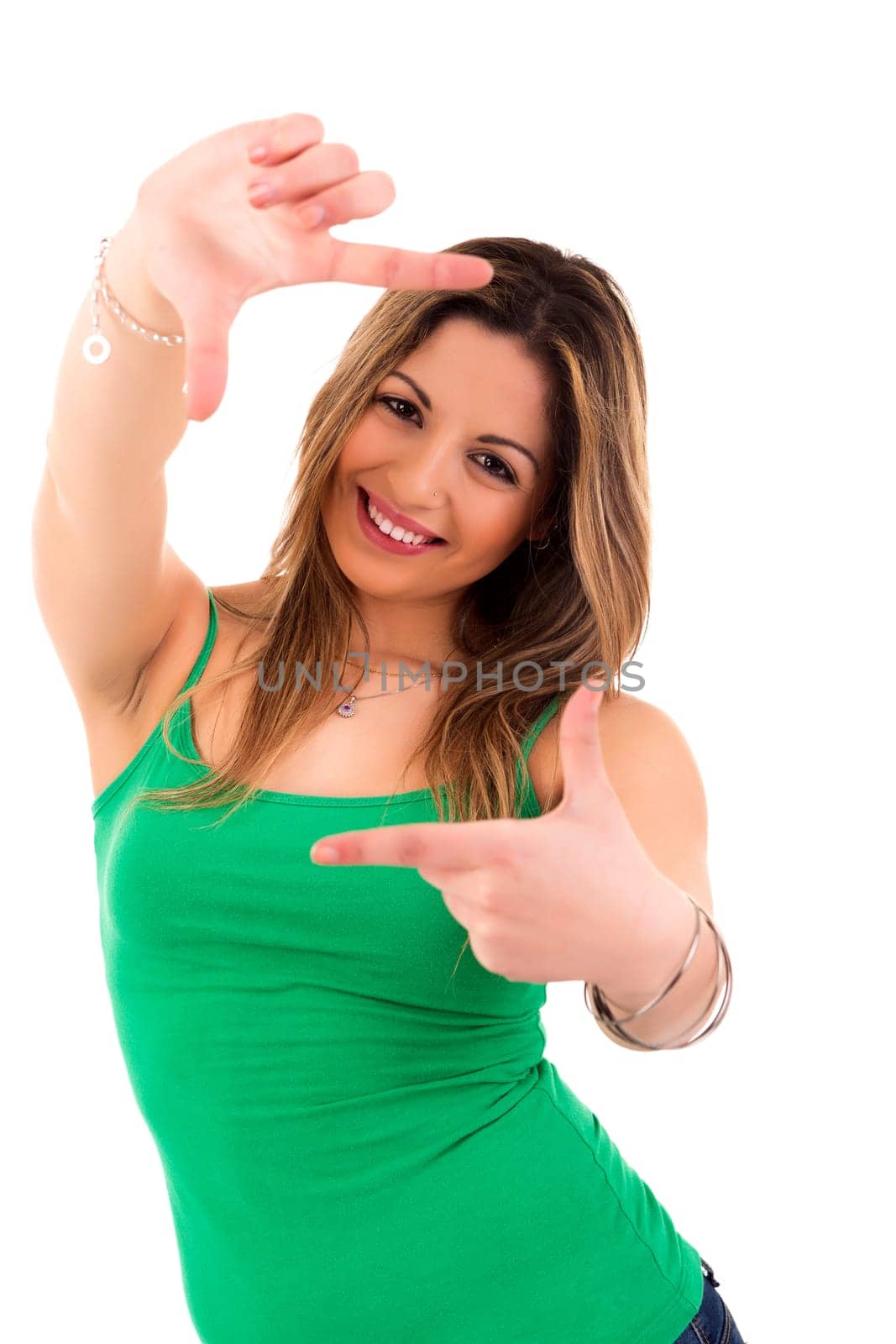 Young woman making framing key gesture - isolated over white