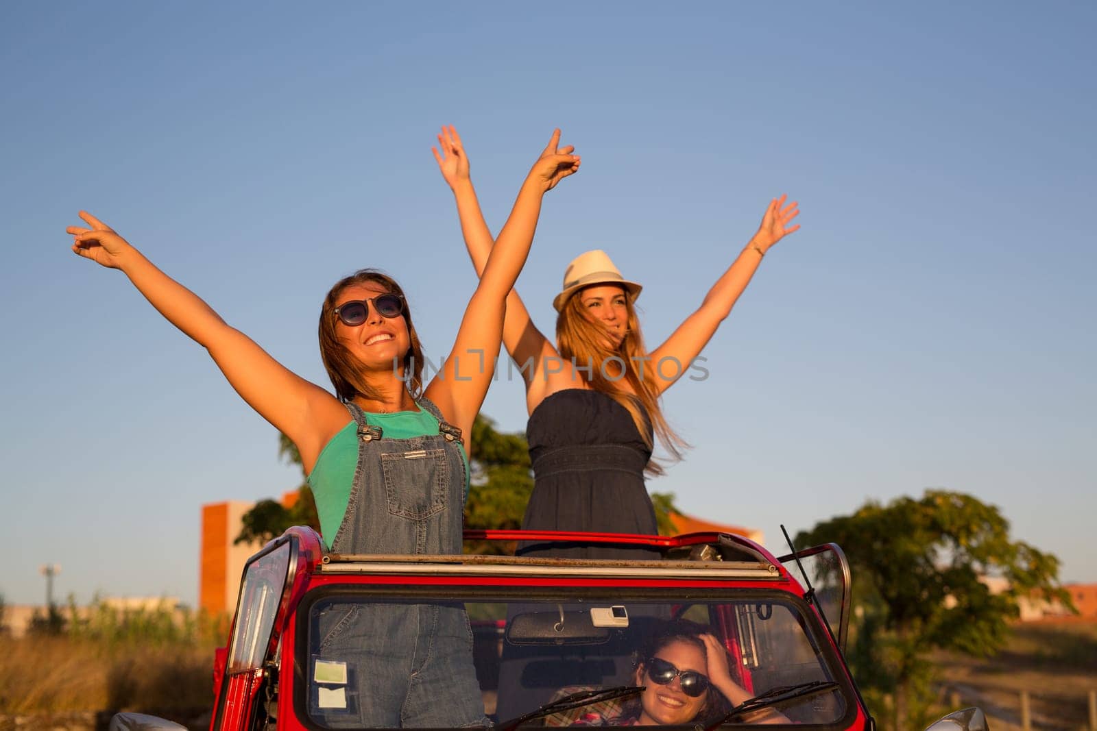 Group of friends on a roadtrip through countryside