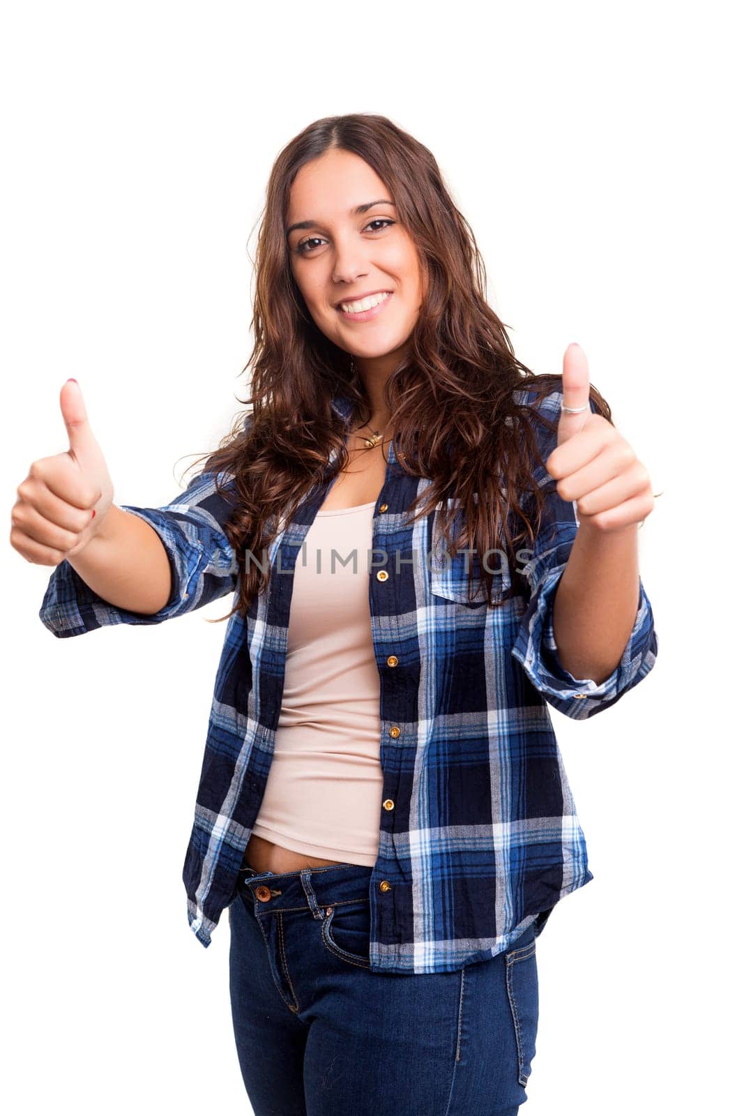 Beautiful young woman signaling ok, isolated over white