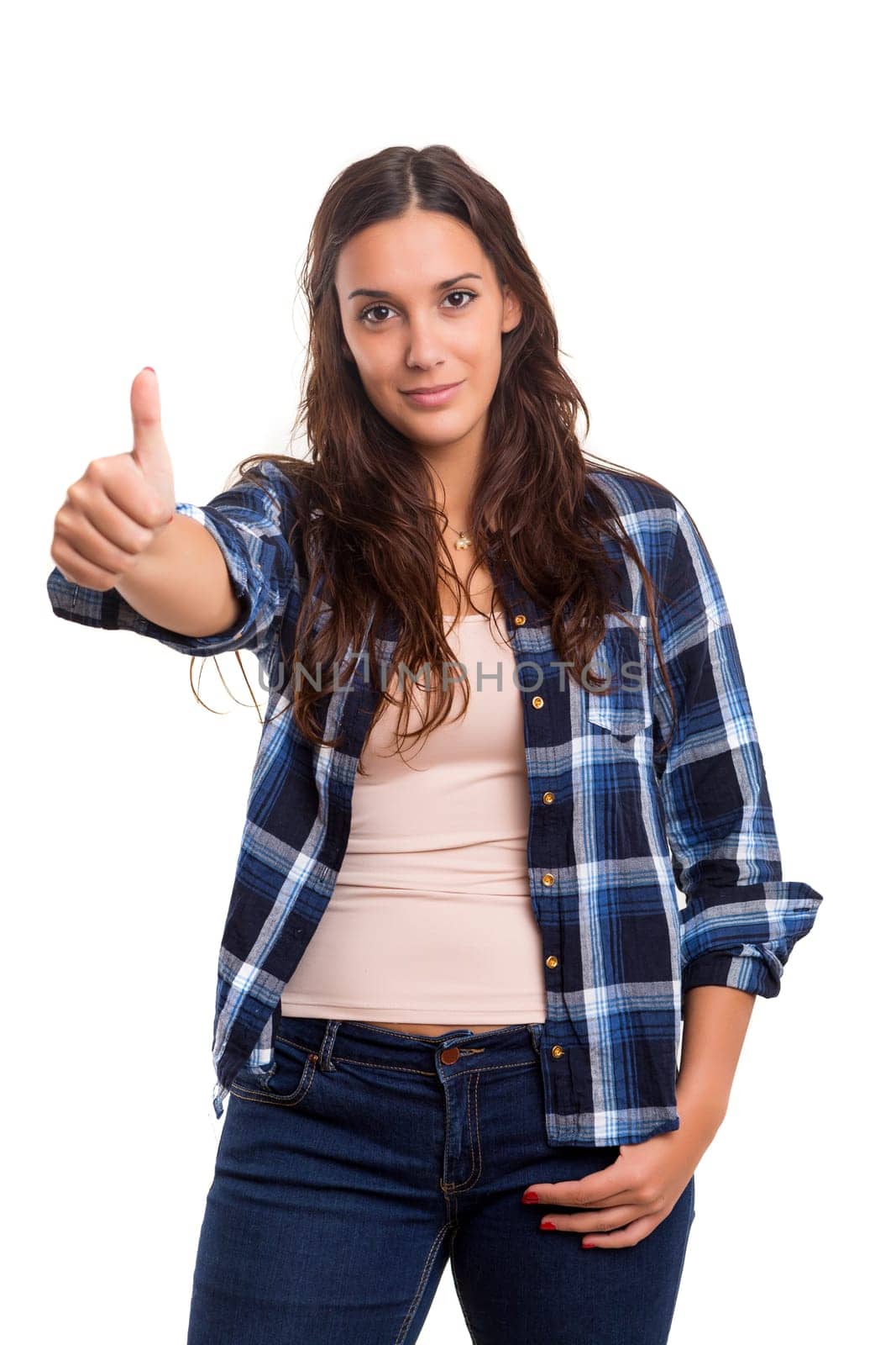 Beautiful young woman signaling ok, isolated over white