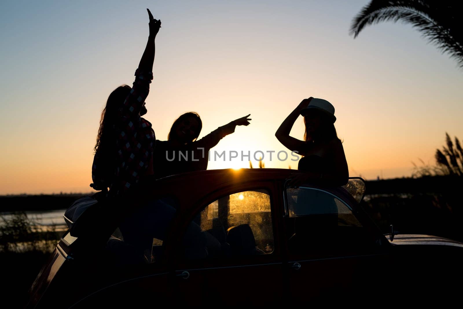 Group of friends on a roadtrip through countryside