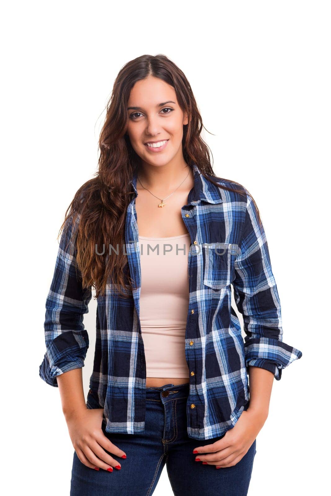 Beautiful young casual woman posing isolated over white