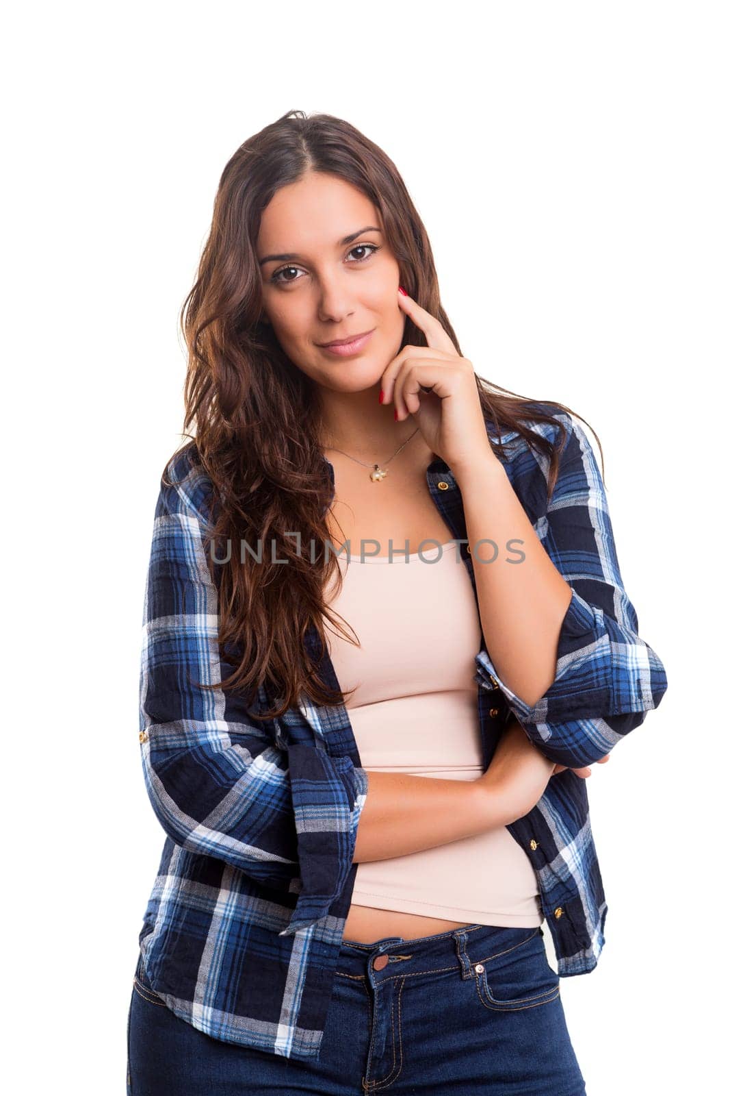 Beautiful young casual woman posing isolated over white