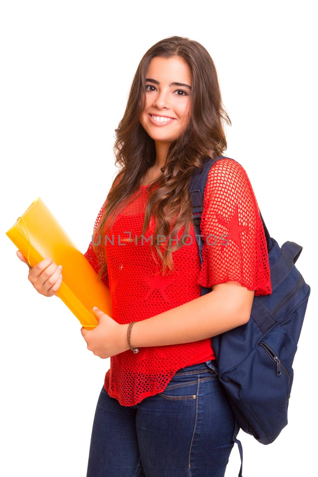 Young student woman posing over white background