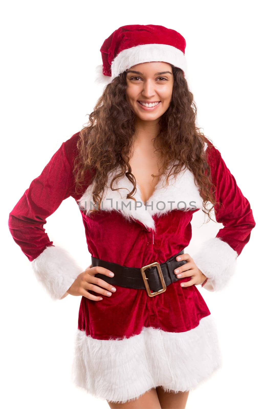 Beautiful young woman dressed with christmas costume, isolated over white