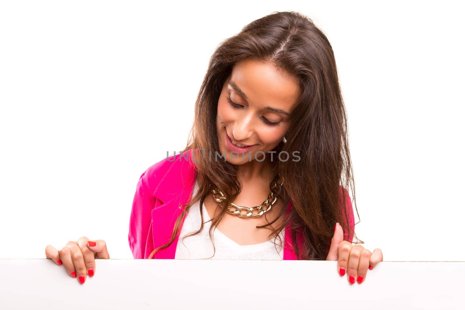 Beautiful young business woman presenting your product on a white card