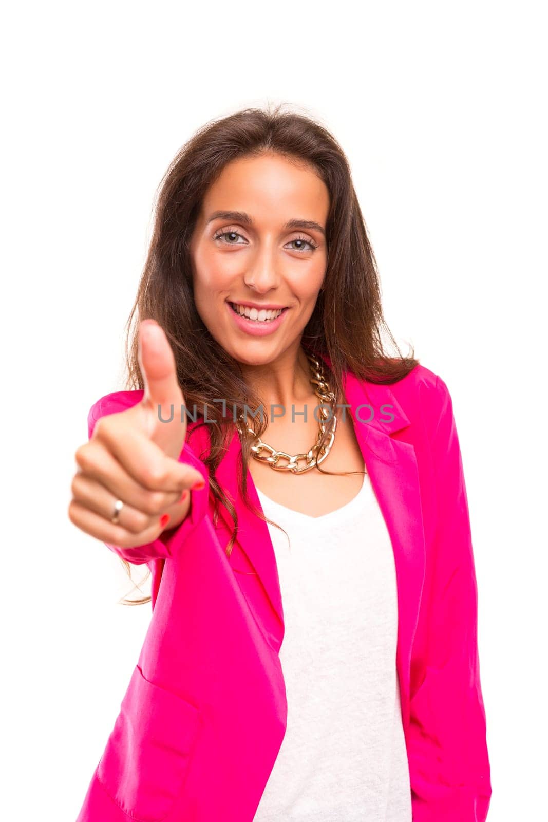 Young business woman signaling ok, isolated over white background