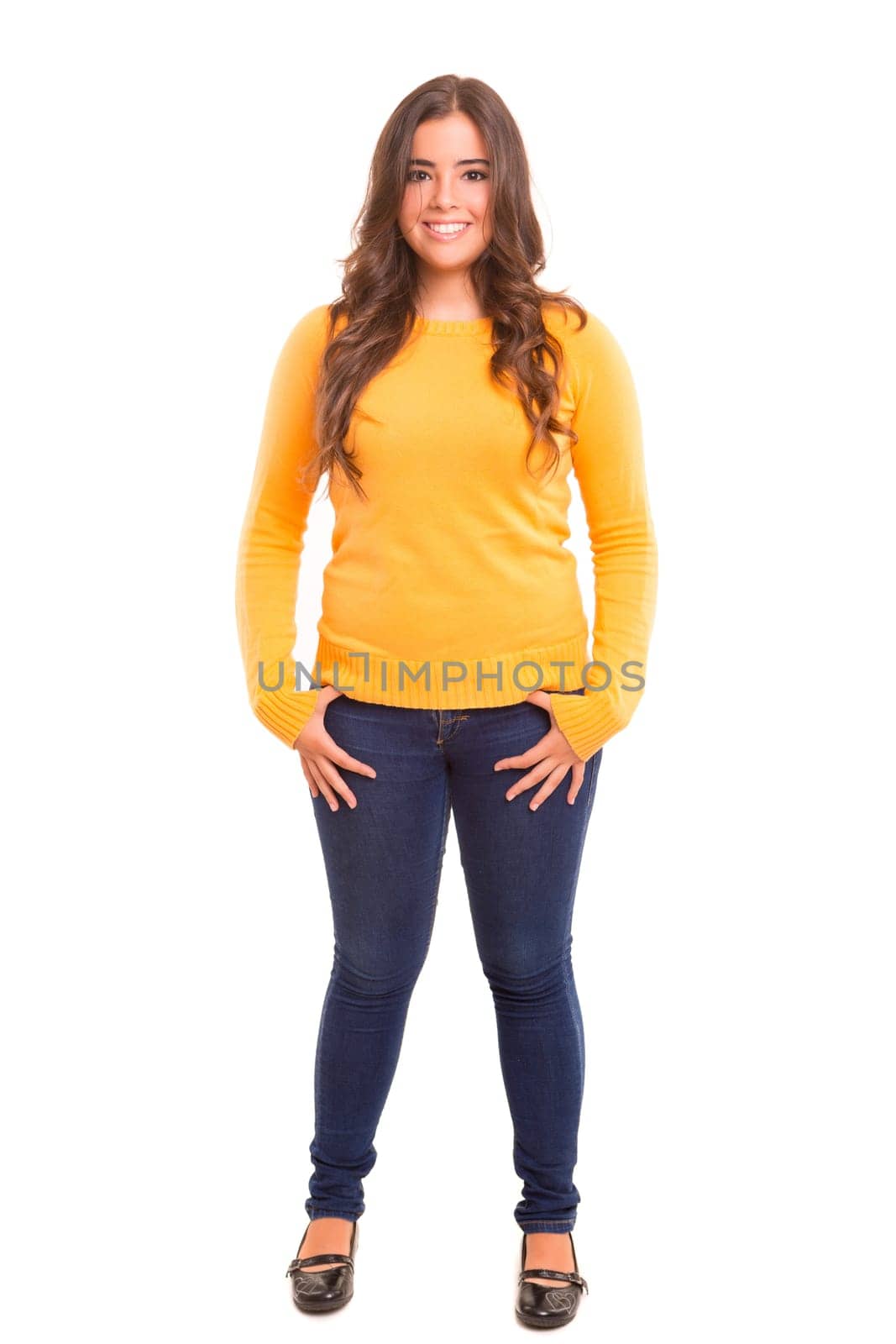Young student woman posing over white background