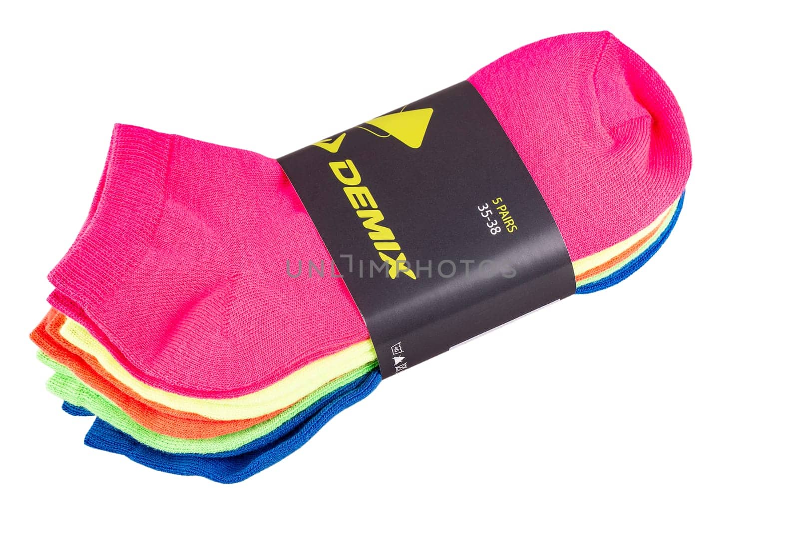 Kamchatka, Russia - 10 Jule 2019: Brand Demix colorful socks isolated on white background.