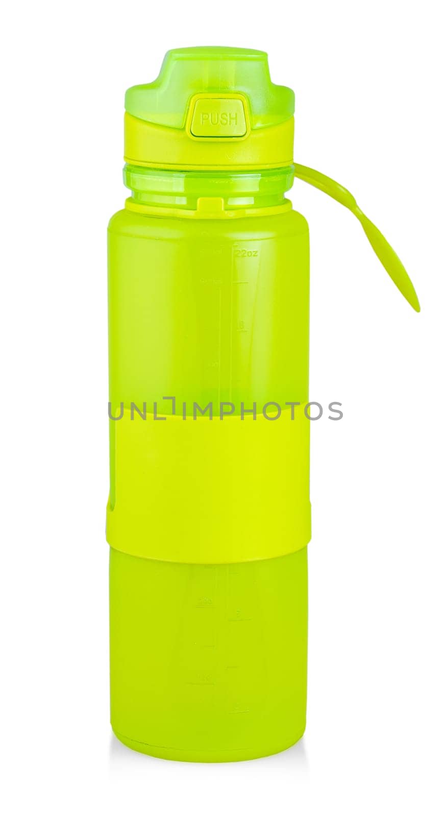 Green plastic sports water bottle with water isolated on the white background