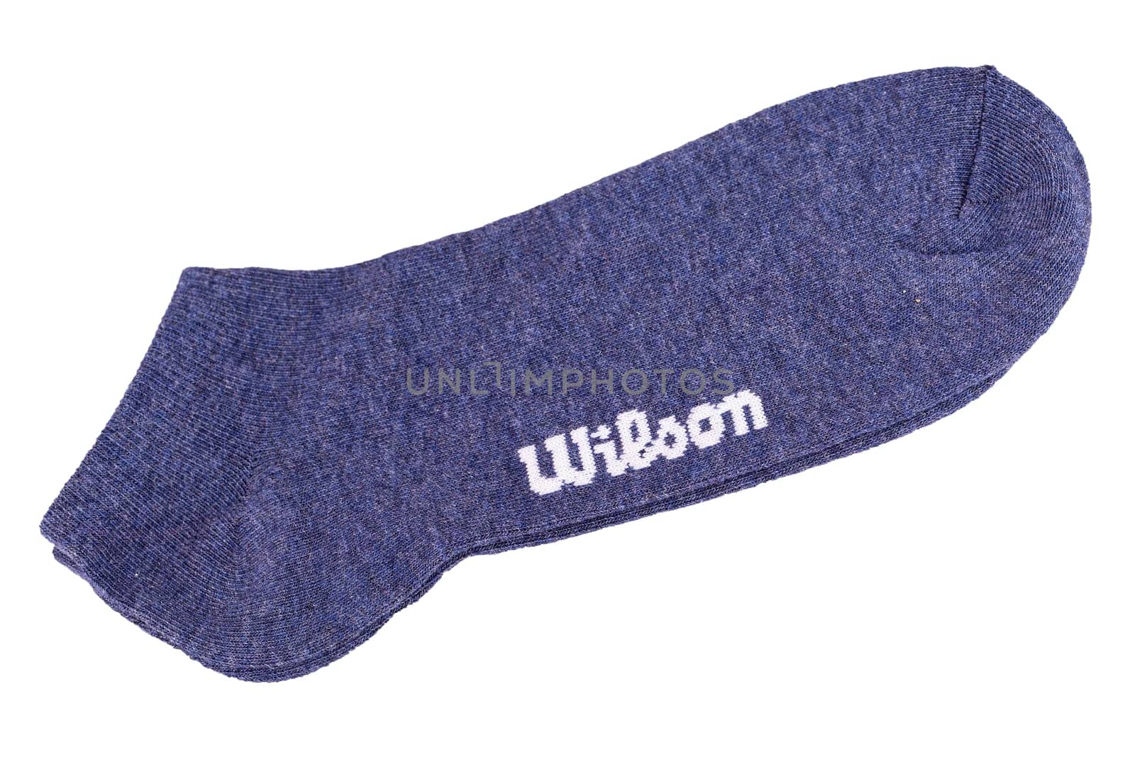 Kamchatka, Russia 10 Jule 2019: Wilson brand sports socks isolated on white background