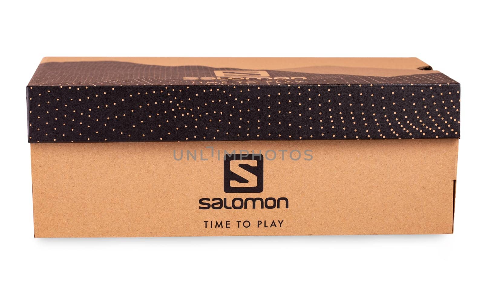 Kamchatka, Russia, 10 Jule 2019 - Salomon Sign On Salomon Shoe Box isolated on white background