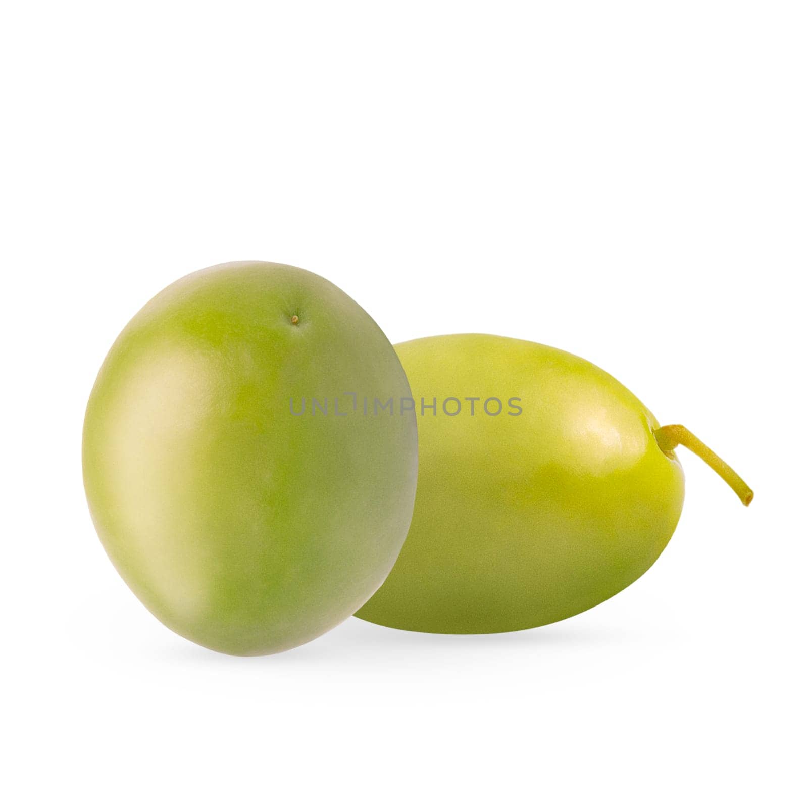 Isolated olives. Two whole green marinated olive isolate on white background with clipping path for package design. Full depth of field.