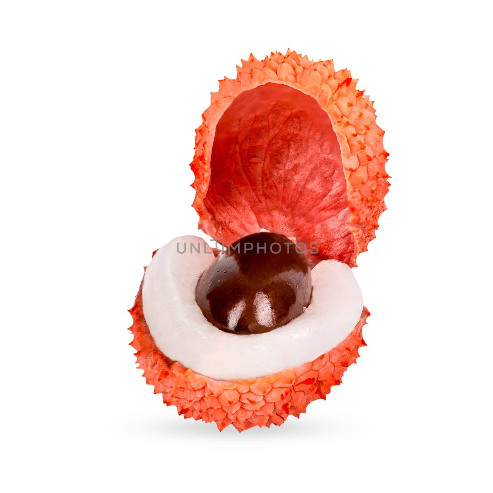 Isolated lychees. One whole ripe litchi fruit isolate on white background with clipping path for package design. Full depth of field.