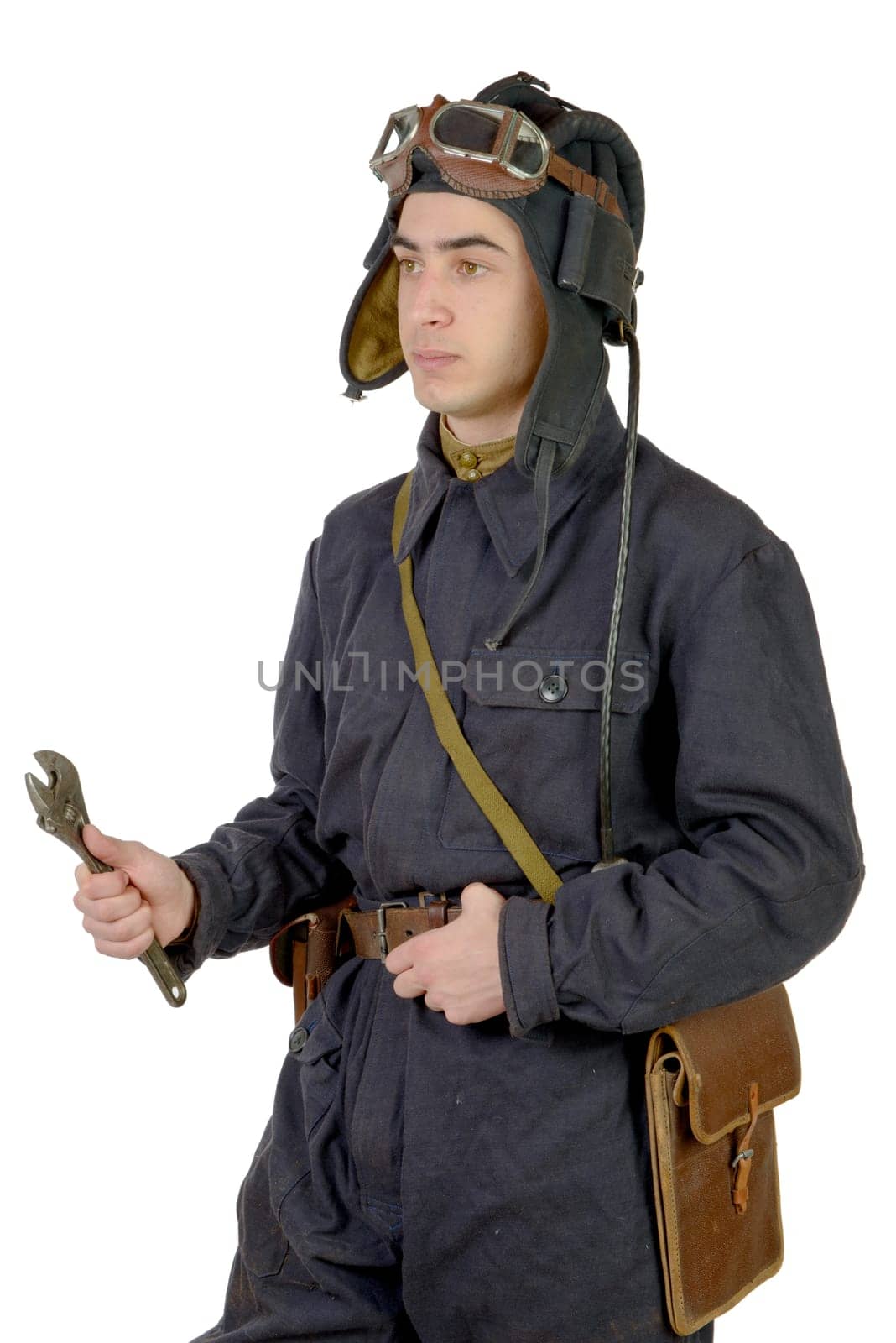 soviet tank driver with wrench on the white background