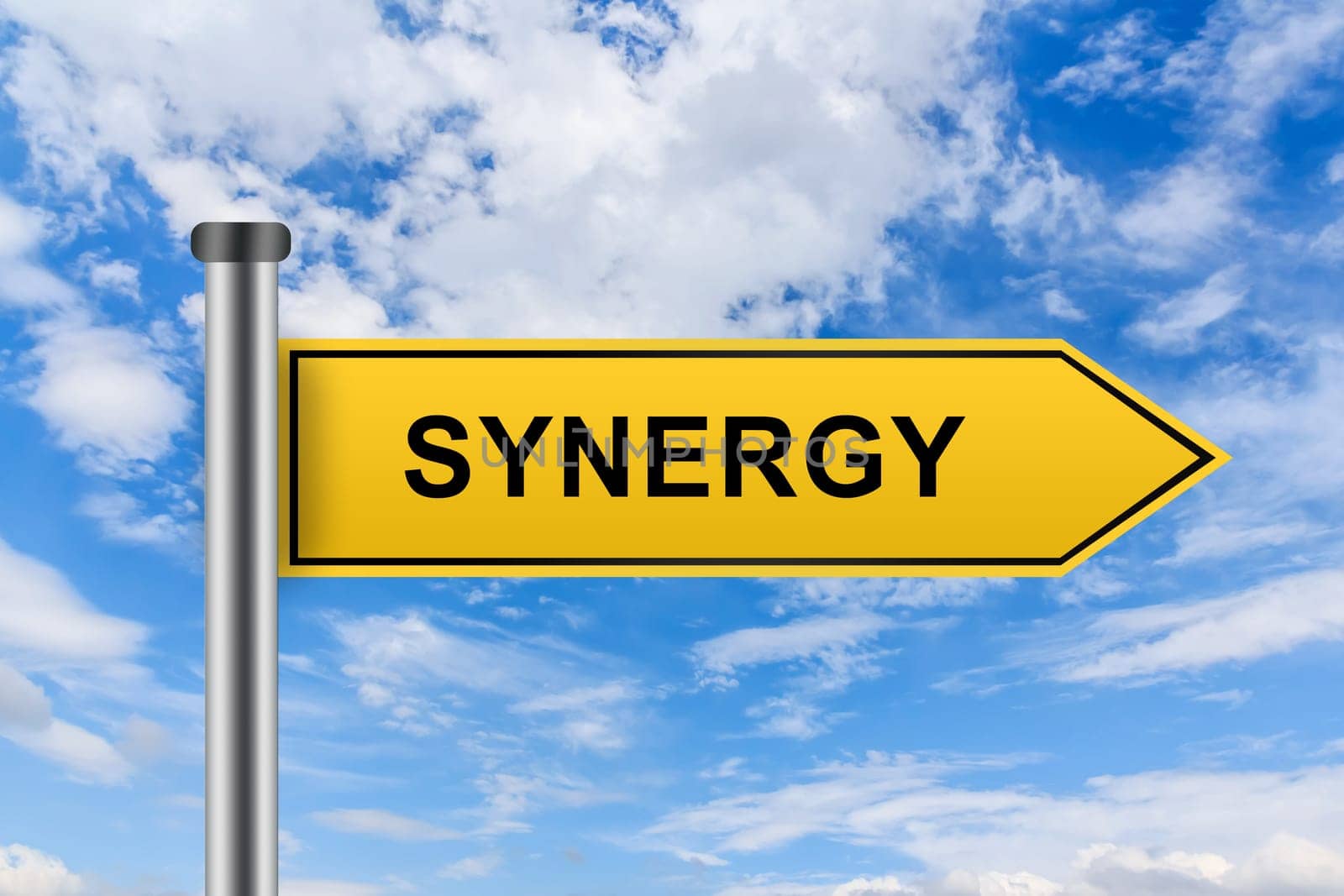 synergy words on yellow road sign on blue sky
