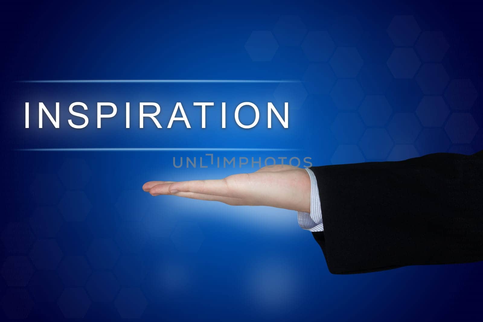 inspiration button with business hand on blue background