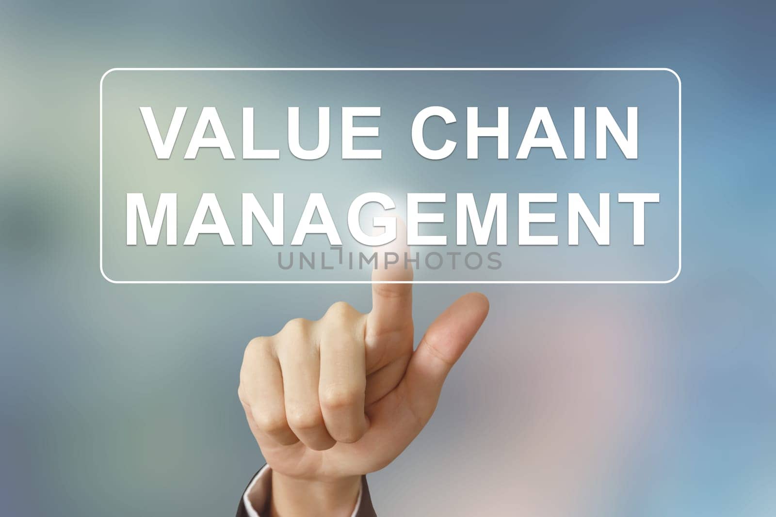business hand pushing value chain management button on blurred background
