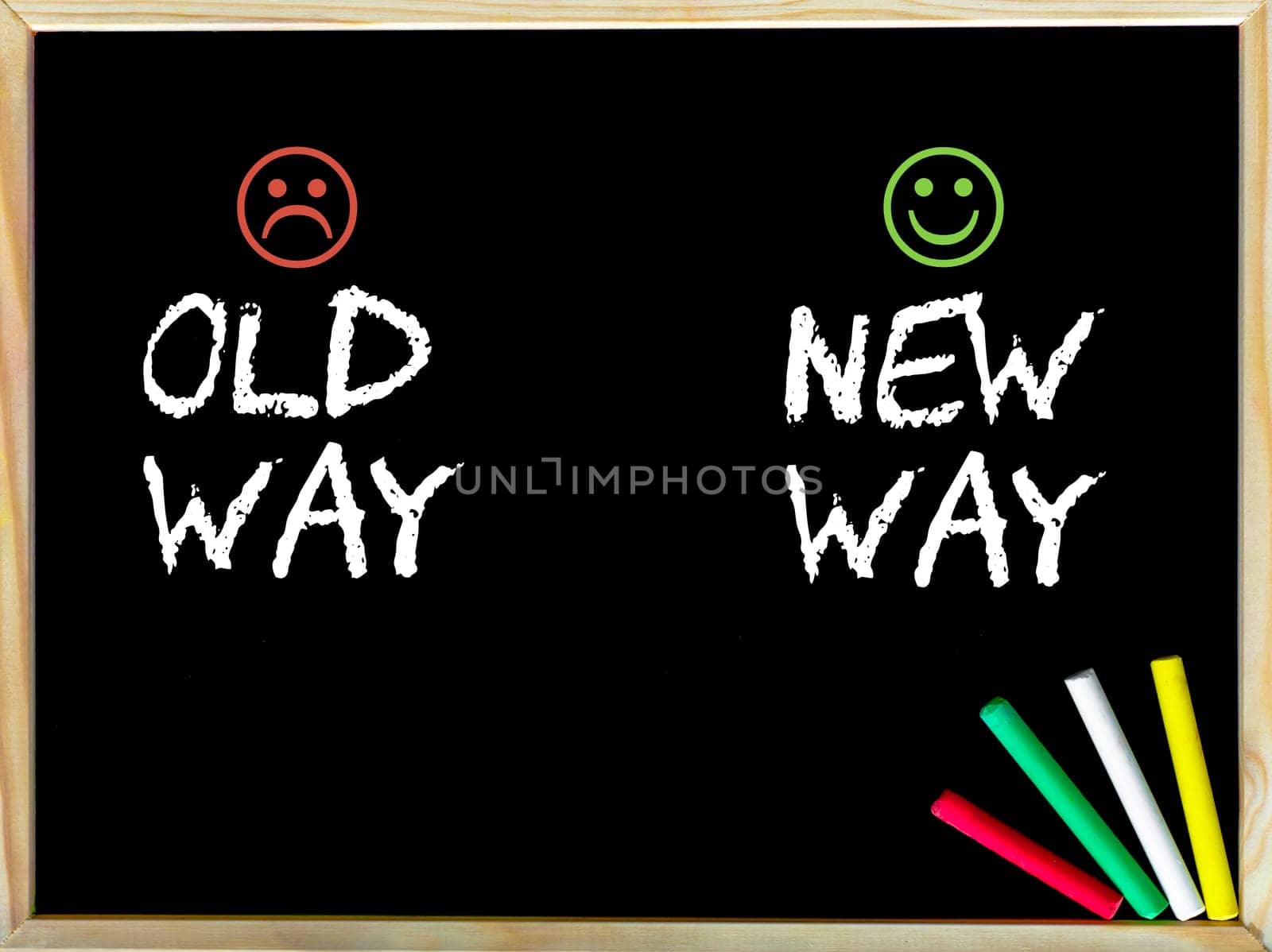 Old Way versus New Way message with sad and happy emoticon faces.Handwriting with chalk on wooden frame blackboard, colored chalk in the corner. Lifestyle change concept image