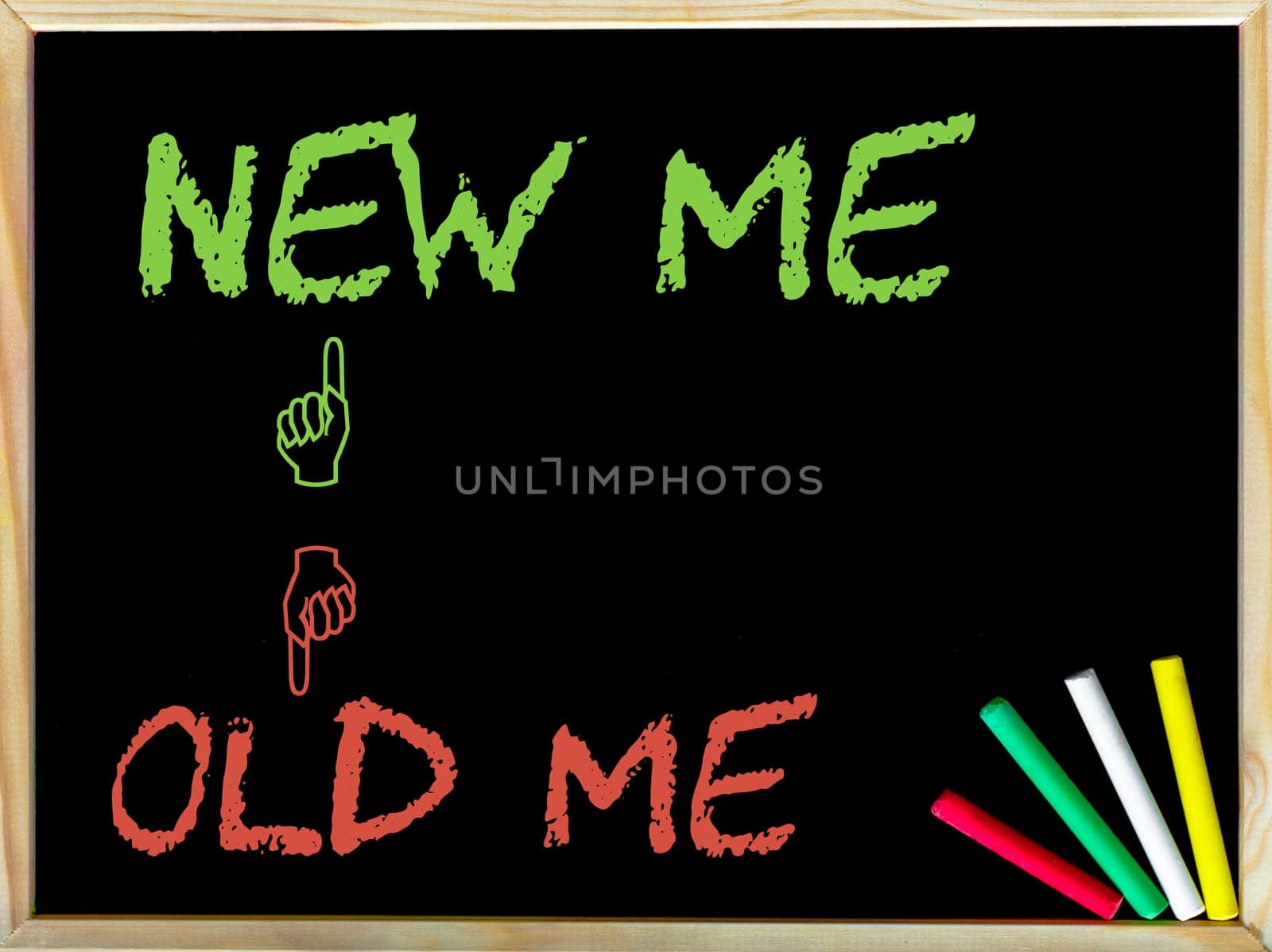 Old Me and Unlike sign versus New Me and Like sign.Handwriting with chalk on wooden frame blackboard, colored chalk in the corner, Lifestyle change concept image
