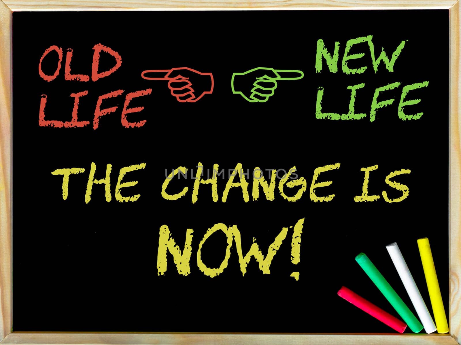 The Change is now.Change the old life with the new life.Handwriting with chalk on wooden frame blackboard, colored chalk in the corner, lifestyle change concept.