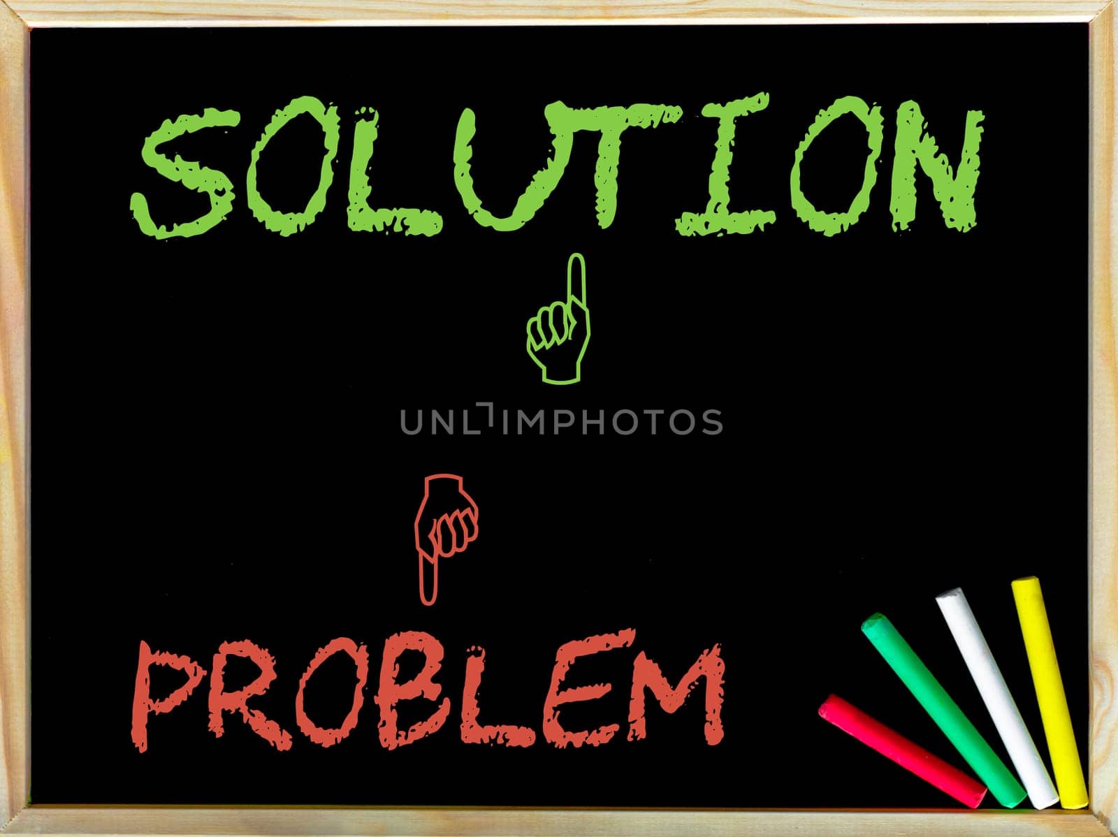 Problem and Unlike sign versus Solution and Like sign.Handwriting with chalk on wooden frame blackboard, colored chalk in the corner, Business Vision concept image
