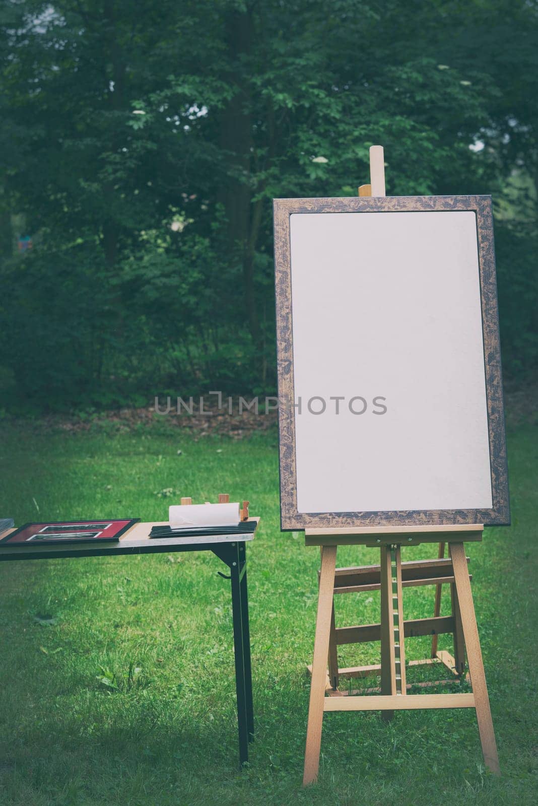 blank canvas rests on a easel,retro stylized