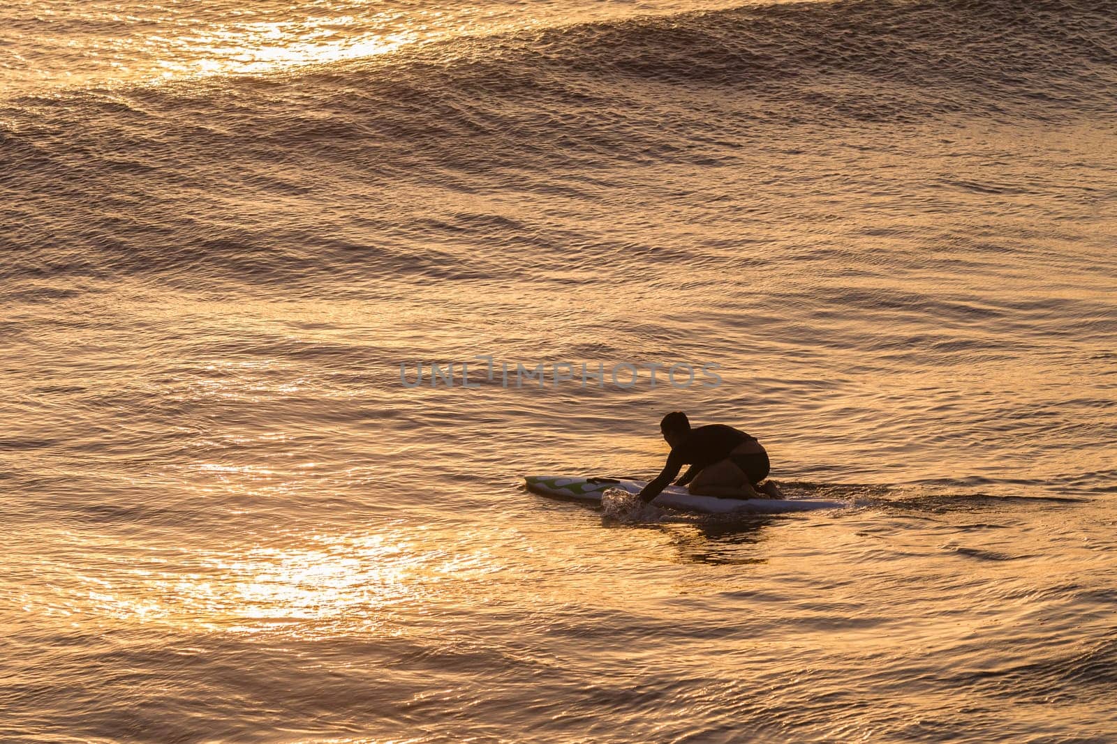 Lifeguard  athlete trains dawn sunrise on rescue craft paddling out through ocean wave swells.
