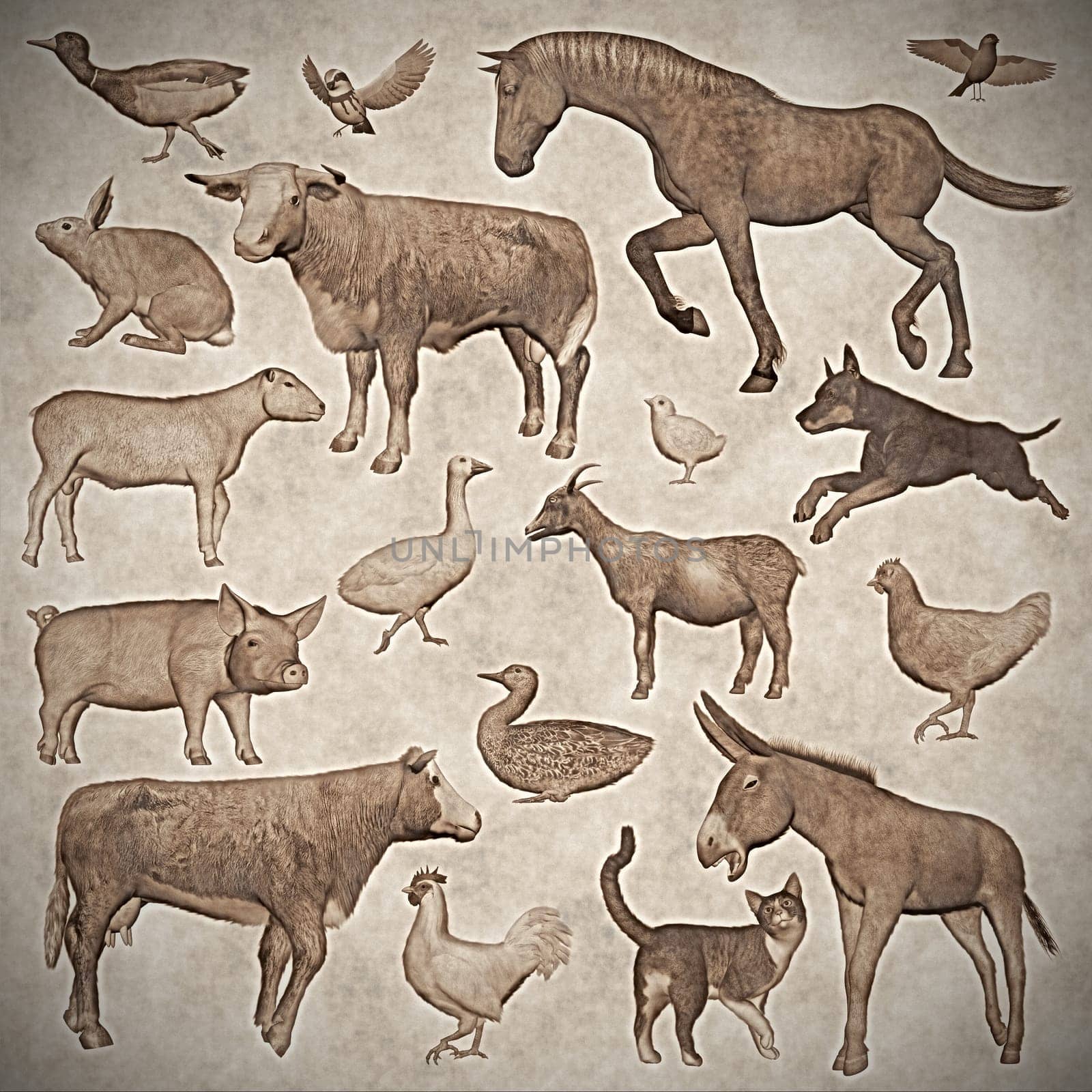 Set of farm animals vintage style isolated in white background - 3D render