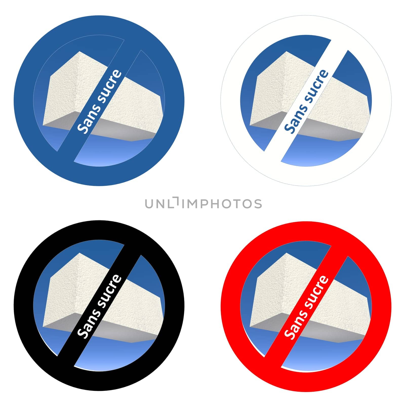 Four french stickers for sugar free products in white background