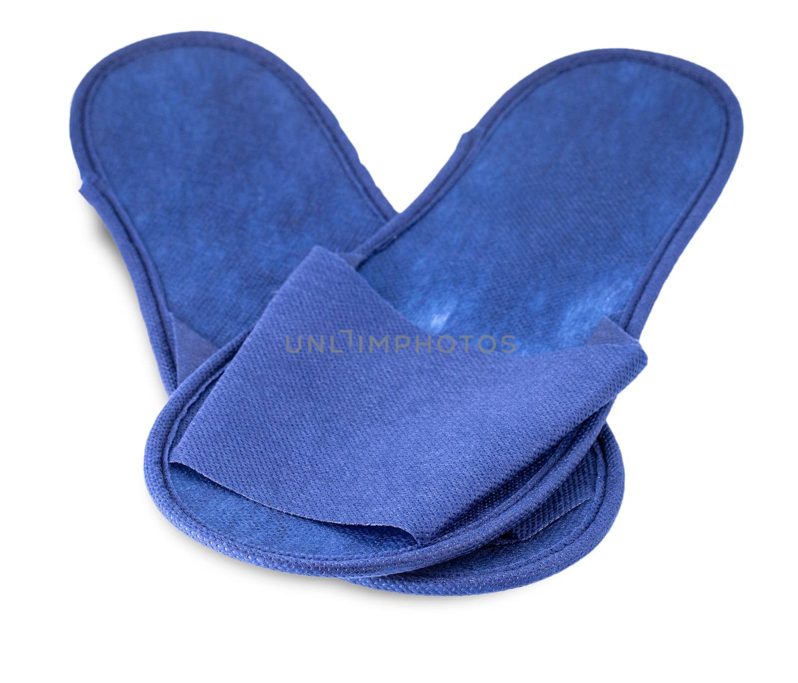 Blue slippers from hotel, slippers from airplane are on white, home slippers are on white background, home footwear