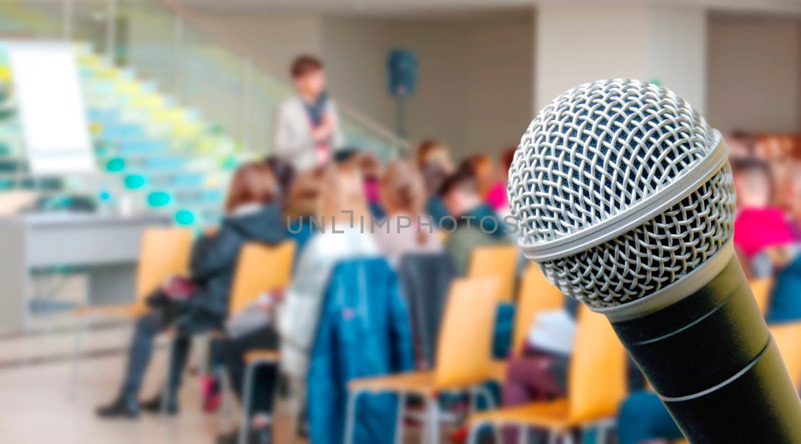 Top view of meeting room blur background and microphone, business Meeting Conference, Team learning concept.