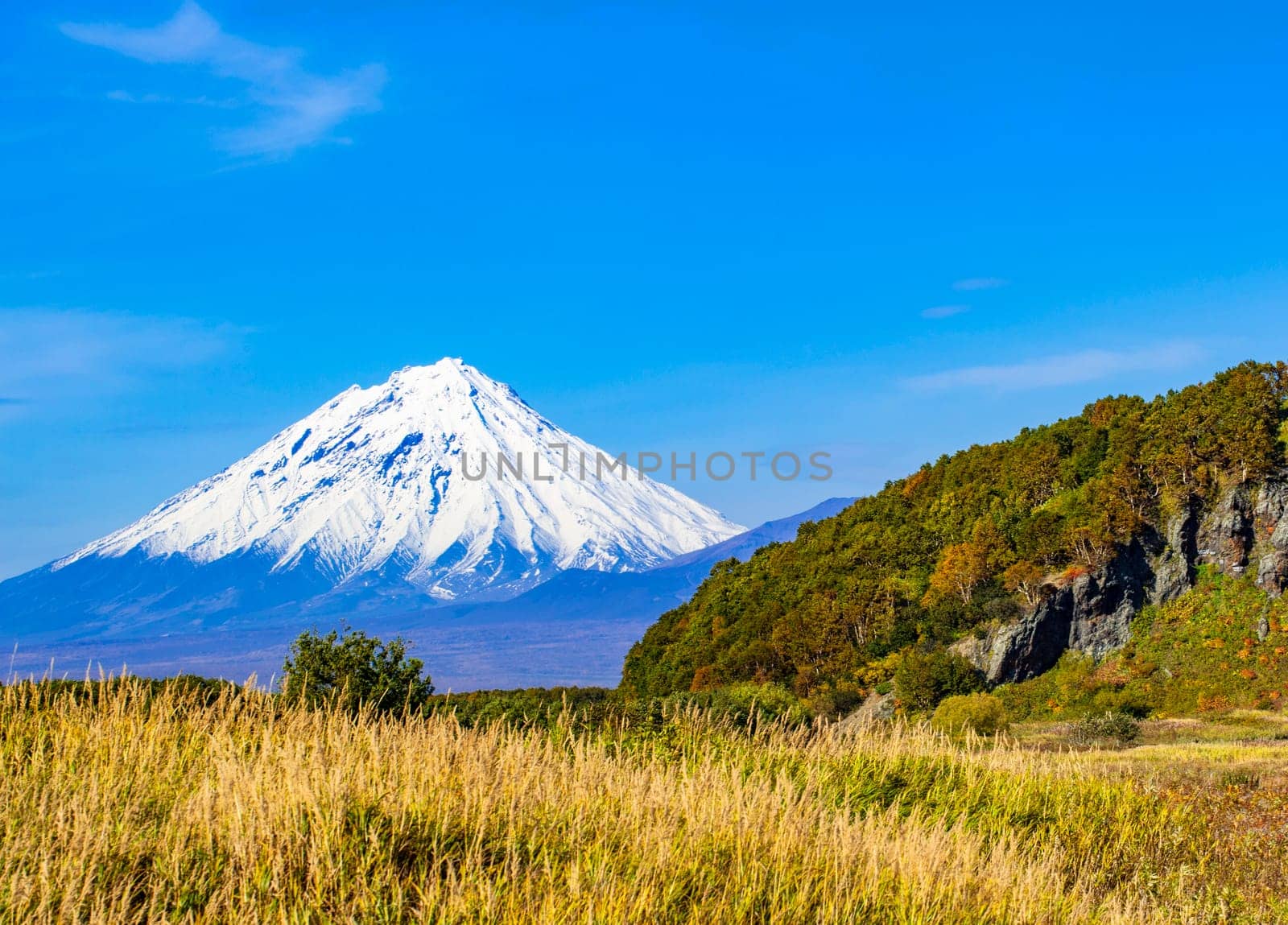 Panoramic autumn view of the Koryaksky Volcano on Kamchatka Peninsula