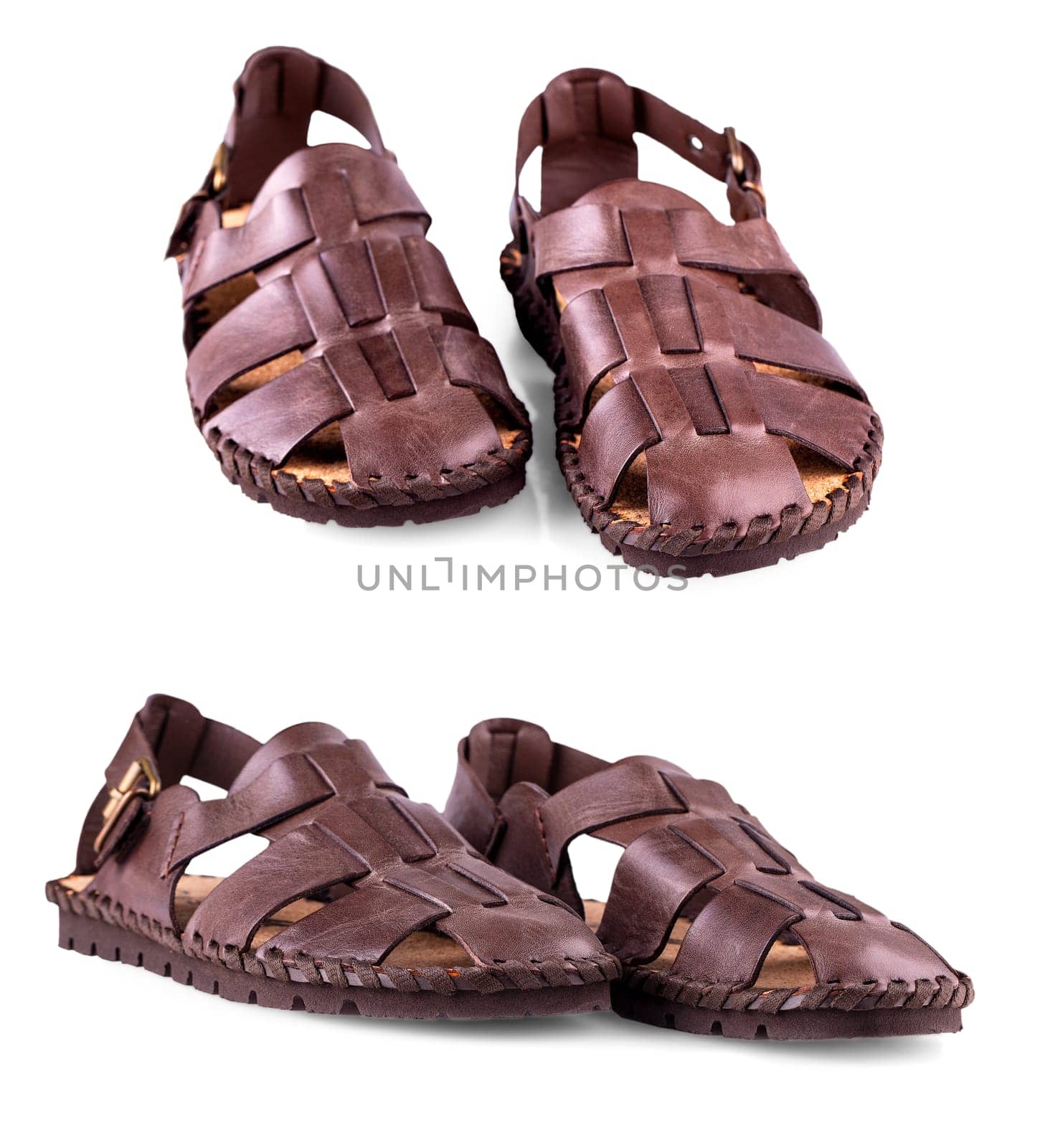 The leather brown men's sandals on white