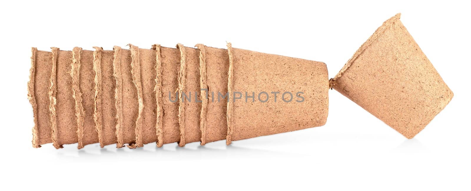 Turf empty pots isolated on white background. Flat lay. Spring gardening