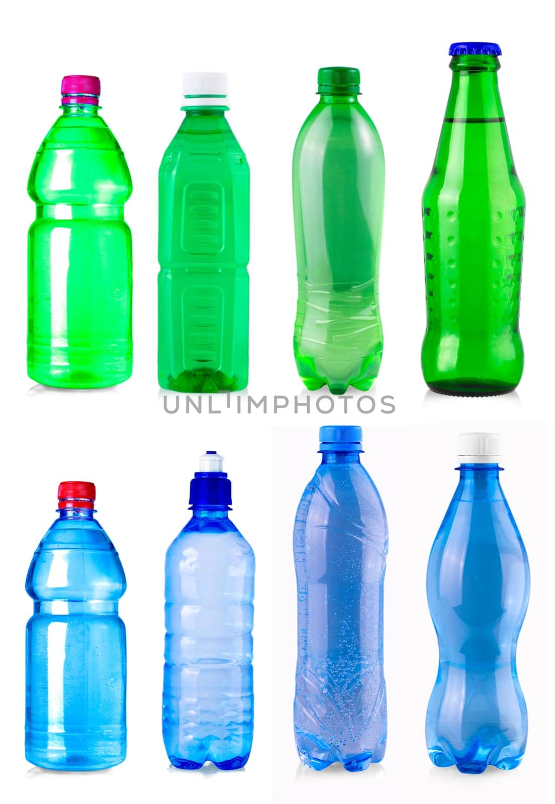 green and blue water bottle isolated on white background